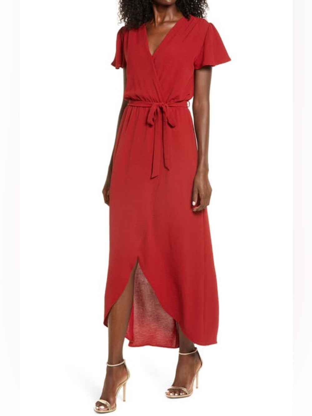 Fraiche by J Rust Faux Wrap Maxi Dress Made in USA Flutter Tie Waist Dress